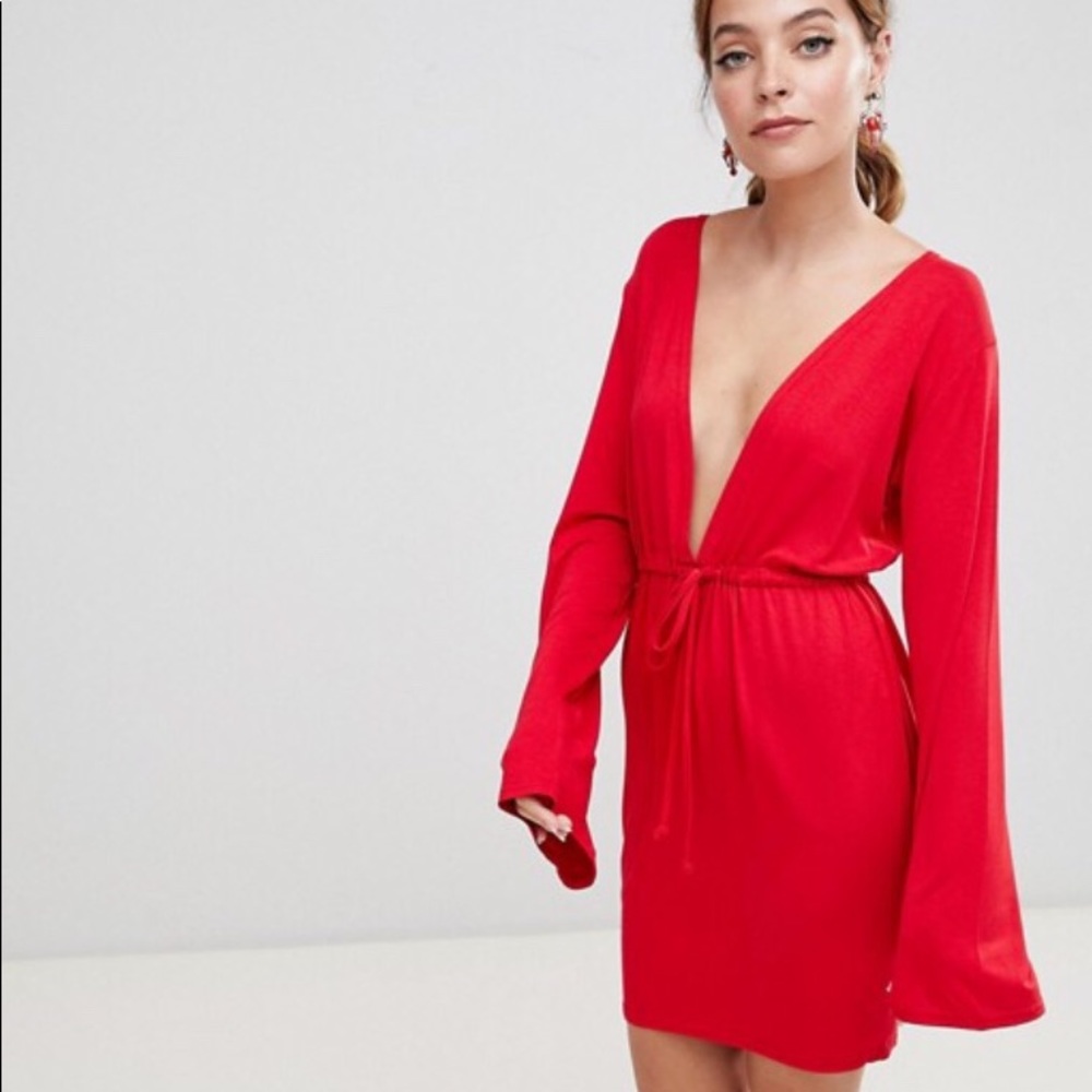 Boohoo Petite Plunge Tie Waist Dress